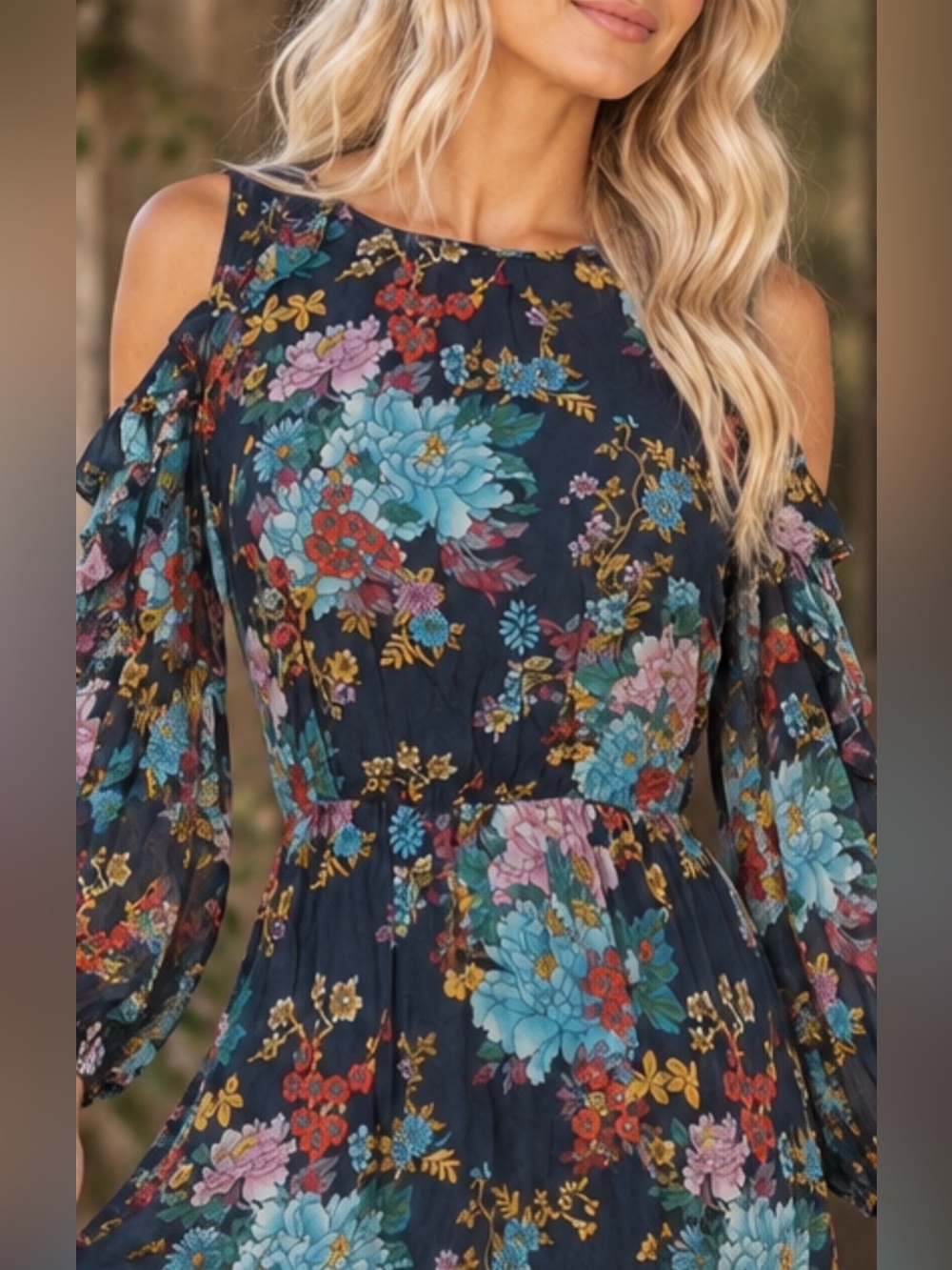 Y2K Forever 21 Bohemian Navy Floral Cold-Shoulder Maxi Fall Dress Women Small